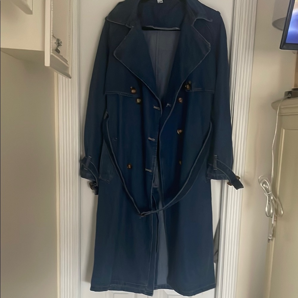 Classic Blue Trench Coat with Belt and Lapels